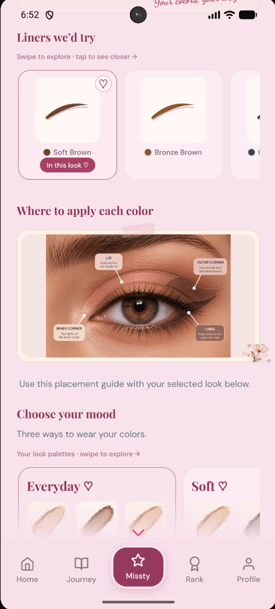 Missty Eyes showing liner recommendations and an application guide